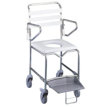 Shower Commode Attendant Propelled (Stainless Steel Slide Out Footplate) – Commodes | Coastcare Medical